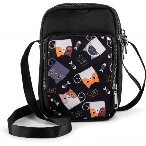 nzqaf-Petit Sac Bandoulière Femme en Tissu - Sacoche Telephone Portable 3 Zippée Compartiments - Mini Pochette Bandouliere Imprimé Chats - Neuf