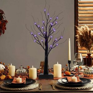 Trahoo-68 Cm Halloween Noir Arbre, Arbre Lumineux Halloween Avec 24 Led Violet Et Orange Lumi&egrave;res Noir Bouleau Arbre Pour F&ecirc;te D'horreur Int&eacute;rieur Maison Chemin&eacute;e Table D&eacute;cor De Vacances - Neuf