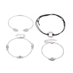 Lot De 4 Bracelets Decoratifs En Alliage Avec Pendentif Creux Et Strass Pour Femme (Argent) - Neuf