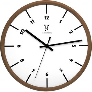 ChenQuanSarl-Holzwerk Horloge Murale En Bois Naturel - Vintage - Mouvement Silencieux Sans Bruit De Tic-Tac - Design Scandinave - En Bois Massif Fait À La Main - 32 Cm - Marron Et Blanc - Neuf