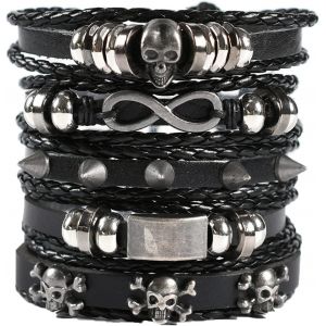5 Pcs Bracelets Cuir Pour Homme Femme,Bracelets Tressés,Punk Manchette Vintage Hommes,Réglable Vintage Bracelets.[N547] - Neuf