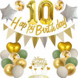 TRAHOO-Ballon Décoration 10e Anniversaire Garçon Fille - Vert et Doré - Fête et Cadeau 10 Ans - Neuf