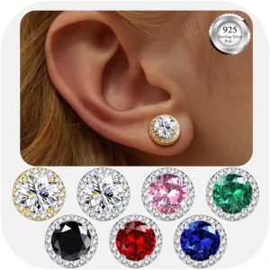 Kal-Boucles D'oreilles Femme Argent 925 -Boucles D'oreilles Rondes Avec Pierre De Naissance -Hypoallergéniques Boucles D'oreilles Clous 8 Mm -Brillant Grandes Boucles D'oreilles Zirconium - Neuf