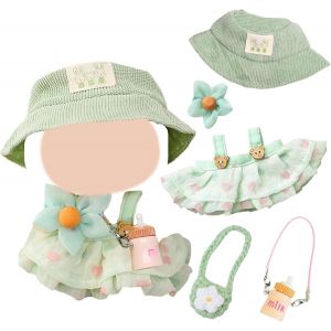 V&ecirc;tements de poup&eacute;e de 17 cm - Compatible avec Labubu poup&eacute;es - Ensemble d'accessoires avec 1 Robe &agrave; Ruban Vert1 Chapeau Parasol2 Poches Mignonnes pour FillesEnfants - sans poup&eacute;e - Neuf