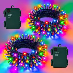 Jgd-Lot De 2 Guirlandes Lumineuses D'ext&eacute;rieur &Agrave; Piles - 10 M - 100 Led - Multicolore - Avec Minuterie - &Eacute;tanche - Pour Sapin De No&euml;l, Chambre &Agrave; Coucher, Jardin - D&eacute;coration Int&eacute;rieure - Neuf