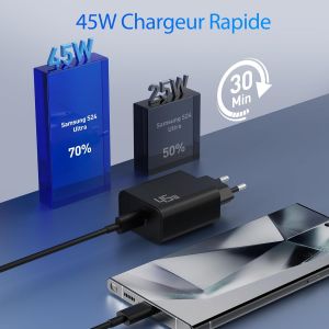 Mnuuz-45w Usb C Rapide Chargeur Pour Samsung Galaxy S25 Ultra S24 S23 S22 S21 Fe 5g S20, A55 A54 A53 A52, Note 20 10, Tab S8 S9, Z-Fold 5/6 Z-Flip 5/6, Super Fast Charger Prise Adaptateur + 2m Type C - Neuf