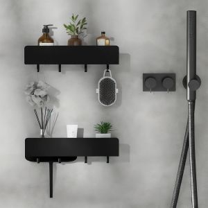 CAUC-&Eacute;tag&egrave;re Douche sans Per&ccedil;age 30 cm, Organisateur Salle de Bain en Acier Inoxydable avec 4 Crochets Amovibles, Support pour Shampoing, &Eacute;tag&egrave;re Murale, Lot de 2, Noir - Neuf