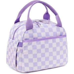 Boîte À Déjeuner Isolée Pour Femmes Sac À Déjeuner Réutilisable En Velours Côtelé Sac À Main Étanche Glacière Thermique Sac À Déjeuner Grande Capacité (Grille Violet-Blanc) - Neuf