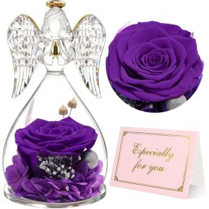Rose Eternelle sous Ange Gardien, Cadeau Anniversaire Femme,Cadeau Fete des Meres,Cadeau Maman No&euml;l, Fleurs Eternelles avec Ange Figurine, Vraie Rose, Violet - Neuf