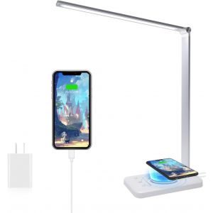 Lampe De Bureau Led Avec Chargeur Sans Fil, Lampes De Bureau Dimmable 10 Niveaux De Luminosité 5 Modes De Couleur, Lampe De Chevet Avec Port Usb Et Fonction Minuterie, Flexible Contrôle Tactile - Neuf