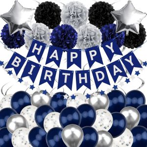 LETNERNY-Décoration D'Anniversaire Bleu Marine Avec Bannière Happy Birthday Avec Pompons, Guirlande En Papier, Fanion, Spirale Et Ballon, Pour Anniversaire D'Enfant, Fille, Garçon, Homme, Femme - Neuf
