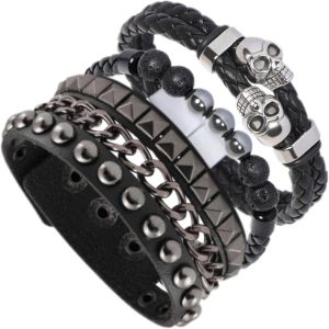 Kal-Bracelet En Cuir Punk Pour Homme - Tête De Mort - Bracelet En Cuir Noir Gothique - Cadeau Pour Homme - Neuf