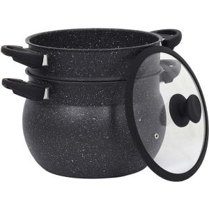 Subzonal-Couscoussier &Oslash;30 Cm &iquest; 14l Avec Couvercle Verre &iquest; Rev&ecirc;tement Pierre Anti-Adh&eacute;sif &iquest; Aluminium Noir &iquest; Tous Feux Dont Induction &iquest; Cuiseur Vapeur Pour Couscous & L&eacute;gumes (14l) - Neuf