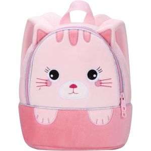 Chat en poudre Sacs à Dos Enfant en Peluche Cartable Scolaire Maternelle Élémentaire Dessin Animé Animal Sacs à Dos Léger Garderie Bagages 27*24*7CM pour Filles Garçons 2-6 ans - Neuf