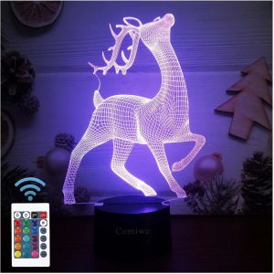 Cerf (D) 3d Illusion Veilleuse Jouets,Décor De Maison Led Lampe De Chevet Table,Tactile & Télécommander 16 Couleurs,Cadeau D'anniversaire De Noël Pour Filles Garçons Enfants Amis Et Famille - Neuf