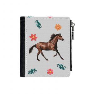 Portefeuille Enfant Fleur- Cheval gambadant=44 Compact en Simili-Cuir Porte-Cartes Fermeture Éclair Homme Femme Ad - Neuf