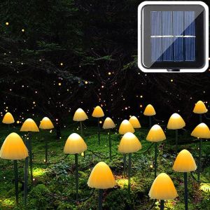 Kalanka-Champignon Guirlande Lumineuse Exterieur Solaire 5m, 20 Led Luminaires Solaires Champignon, 8 Modes &Eacute;tanche Paysage Pathway Patio Stake Lumi&egrave;re D&eacute;coration Balcon Pour Jardin Cour No&euml;l, Blanc - Neuf