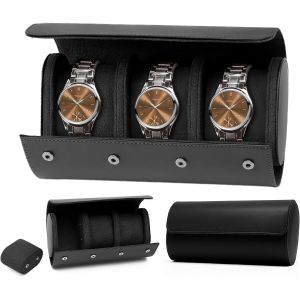Kal-Boîte À Montres À 3 Emplacements, Coffret À Montres En Cuir Pu, Écrin, Étui À Montre Voyage Oîte De Montres De Voyage Pour Boîte De Rangement,Coussinets Amovibles - Noir - Neuf