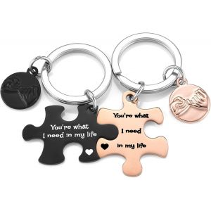 Kal-2pcs Porte-Clés Couple Amoureux Amitié Personnalisé Gravé C?ur Need In My Life Pendentif Puzzle Séparable Acier Inoxydable Cadeau Amour Femme Homme Saint-Valentin Anniversaire-Noir+Or - Neuf