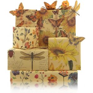 Lot De 6 Feuilles De Papier Cadeau Vintage Rétro Bohème Tournesol Papillon Libellule Scarabée, Avec Ruban De Soie De 22m, 50x70cm Emballage Cadeau Pour Mariage Printemps Été Douche Nuptiale - Neuf