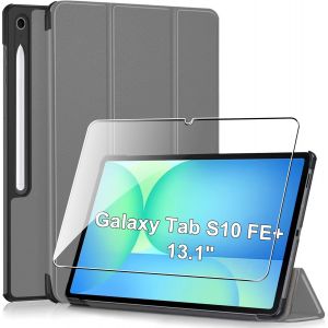 Coque Pour Samsung Galaxy Tab S10 Fe+/ S10 Fe Plus 13.1 Pouces 2025 Coque Case Avec Verre Tremp&eacute;, &Eacute;tui En Cuir Pu &Agrave; Trois Volets Avec Fonction Veille/R&eacute;veil Automatique Sommeil Automatique - Neuf