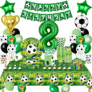 MEVRONISSHOP-D&eacute;coration Anniversaire Football 8 Ans, Kit Anniversaire Gar&ccedil;on Football, Ballon, Assiette Nappe pour 8 Ans Gar&ccedil;on 16 Invit&eacute;s - Neuf