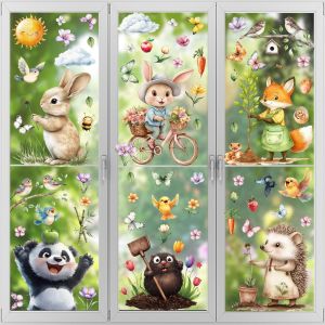 Trahoo-Autocollants Pour Fenêtre Printemps - 9 Stickers Réutilisables Avec Petits Animaux, Décoration Fenêtre Enfant Sans Trace | Déco Saisonnière Maison Et Crèche - Neuf