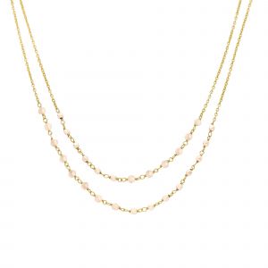 Collier Argent Dor&eacute; Doubles Cha&icirc;nes Pierre Opale Rose - Neuf