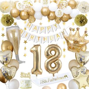 MEVRONISSHOP-D&eacute;corations anniversaire 18 ans, d&eacute;corations anniversaire or 18 ans pour homme femme ballons blancs or banni&egrave;re HAPPY BIRTHDAY ballons num&eacute;ro 18 ballons couronne &eacute;toile c?ur - Neuf