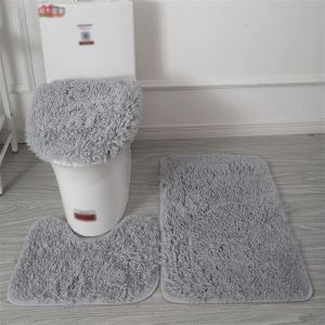 KAL-Lot De Tapis De Bain Antidérapant, 3 Pièces, Tapis Contour Toilette À Poils Longs, Shaggy Couvercle Pour Abattant Wc Gris - Neuf