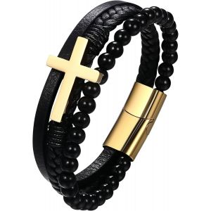 Kal-Bracelet Perles En Cuir Tress&eacute; : Bracelet Croix Multicouche Avec Fermeture Magn&eacute;tique Pour Homme Bracelet Religieux Pri&egrave;res Promesse - Neuf
