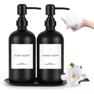 BHHBB-2Pcs Distributeur de Savon en Verre, Distributeur Shampoing et Gel Douche Noir Mat de 500 ML,Distributeur lessive Liquide, tête de Pompe de Distributeur en Acier Inoxydable - Neuf