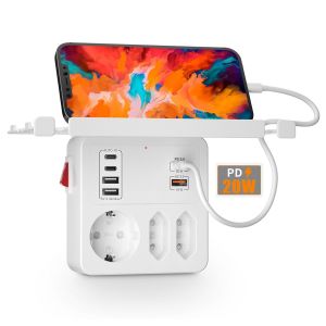 PD20W Prise avec Interrupteur, Prise Multiple USB C avec PD20W et QC18W Charge Rapide,Multiprise Murale 3 Prises, 6 USB Multiprise Electrique avec Support pour T&eacute;l&eacute;phone Portable et Chargeur, Blanc - Neuf