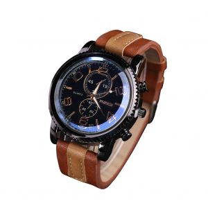 Montre A Quartz Tendance Pour Homme, Bracelet En Cuir Synthetique, Style Decontracte, Cadran Numerique (Marron Clair Et Bleu) - Neuf