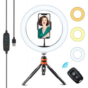 KALANKA-LED Lumière Anneau avec Trépied, 10"" Ring Light avec Télécommande Wireless pour TikTok/Youtube/Diffusion en Direct/Maquillage Lampe Annulaire Réglable avec 3 Couleur Modes et 11 Luminosité - Neuf