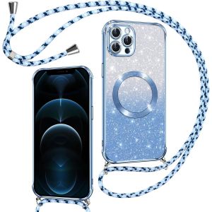 TRAHOO-Couqe Magn&eacute;tique pour iPhone 12 Pro Max Con Cordon, Compatible avec MagSafe, Brillant Glitter Paillet&eacute; Antichoc Durable R&eacute;sistante Etui Soft TPU Bumper Housse pour iPhone 12 Pro Max, Bleu - Neuf