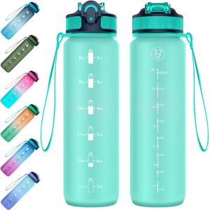 Eryi-1 Litres Gourde Sport Avec Paille, Bouteilles D'eau Avec Fitness Motivant Et Marqueurs De Temps, Sans Bpa, Tritan Bouteille D'eau Pour Camping, Cyclisme, Gym, Course À Pied - Neuf