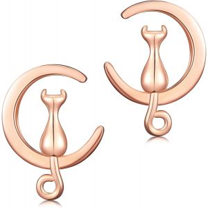 Kal-Boucles D'oreilles Clous En Argent Sterling 925 Boucles D'oreilles Chat Lune Boucles D'oreilles Animaux Pour Femme Adolescent Fille - Neuf