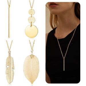 Kal-4pcs Long Collier Femme Or Argent Collier Femme Fantaisie Long Pendentif Collier Sautoir Femme Long Chaîne Colliers Barre Plume Cercle Feuille Pendentif Y Collier Mode Chandail Collier Bijoux - Neuf