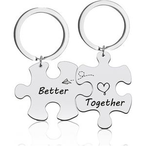 Kal-2 Unisexe Couple Porte-Cl&eacute;s Pendentif En Acier Inoxydable Puzzle Argent Gravure "Mieux Ensemble" Cadeau De Saint Valentin - Neuf