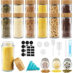 Mevronisshop-Pot À Épices En Verre Et Bois, 12 Pièces Bocaux À Épices 120ml Boite À Épices Verre Pour Cuisine Rangement Avec Étiquettes Epices Tamis Entonnoir Brosse - Neuf