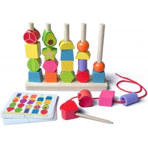 ChenQuanSarl-Jouets &Eacute;veil Montessori Bois, 2 En 1 P&eacute;dagogique Empilable Jouet Y Enfiler Jouet Jeux D'Activit&eacute; Et De D&eacute;veloppement Empiler Et De Tri, Educatif Jeu Pour Enfant 2 3 4 5 Ans - Neuf
