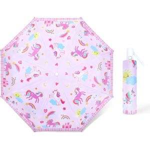 Parapluie Pliant Enfant Anti-Uv, Parapluie Compact L&eacute;ger Automatique Anti-Rebond Avec Bande R&eacute;fl&eacute;chissante, Mini Parapluie De Voyage Pour Bebe, Filles, Gar&ccedil;ons, Licorne Arc-En-Ciel - Neuf