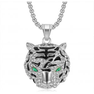 Kal-Pendentif T&ecirc;te Tigre Scintillante, Collier T&ecirc;te Tigre &Eacute;tincelante Pour Hommes, Collier Animal Tigre En Argent Hip Hop Bijoux Animaux T&ecirc;te Tigre En Strass, Collier Pendentif Punk Tigre Roi Pour Ga - Neuf