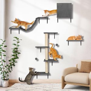 10 Pi¿¿Ces Arbre A Chat Mural, ¿¿Tag¿¿Res Murales Pour Chat Stable Mur D'escalade En Bois Avec Griffoir,Balle, Planche ¿¿ Gratter Et Arbre, Lit & Perchoir, Parcours (Gris) - Neuf