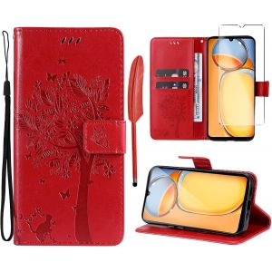 KAL--Coque Pour Xiaomi Redmi 13C / Poco C65 [1X Verre Tremp&eacute;] &Eacute;tuis Rabat Folio Protection Housse Cuir Pu Portefeuille Silicone [Fermeture Magn&eacute;tique][Emplacements Cartes][Stand Feature]-Rouge - Neuf