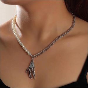 Kal-Collier Pendentif Tête De Mort En Perle Collier Ras Du Cou En Perle Collier Chaîne En Perle Collier Tête De Mort Punk Collier Collier Chaîne En Perle Bijoux Pour Femmes Et Filles Cadeaux - Neuf