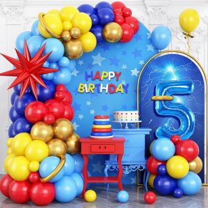 SJZG-Arche De Ballons Rouge, Bleu, Jaune, Kit De Guirlande De Ballons Bleu Roi M&eacute;tallis&eacute; Dor&eacute; M&eacute;tallis&eacute;, Tour De Ballons En Aluminium En Forme De Chiffre 5 Pour Enfants De 5 Ans, D&eacute;coration De F&ecirc;te - Neuf