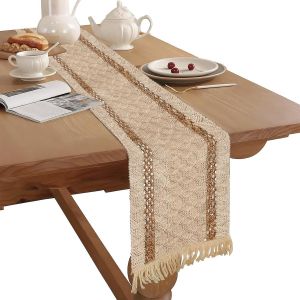 Sjzg-Chemin De Table En Lin De Coton De Qualit&eacute; Sup&eacute;rieure - 30*140 Cm D&eacute;coration De Table D&eacute;licate De Style Ethnique Avec Pompons Tiss&eacute;s &Agrave; La Main, Nappe Blanche Tricot&eacute;e Pour F&ecirc;tes, Mariages Et Tab - Neuf