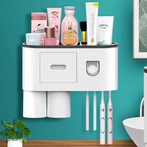 Distributeur Automatique De Dentifrice Mural Avec Support Pour Brosse À Dents, 4 Emplacements Pour Brosse À Dents Avec Couvercle, Organiseur Multifonction Pour Brosse À Dents (2 Tasses) - Neuf